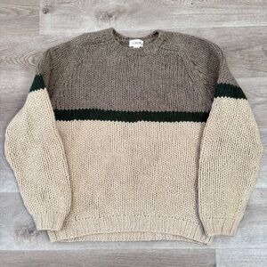 Vintage J.CREW Mens L Sweater Hand Knit 100% Wool Striped Fisherman Thick Heavy